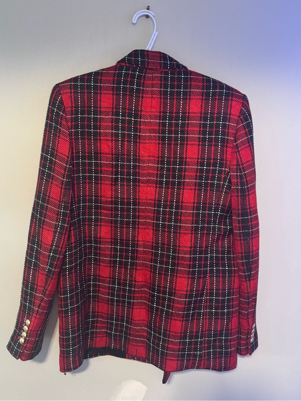 Zara Red Black Tartan Plaid Tweed Double Breasted Blazer Jacket Size Medium - Picture 11 of 12